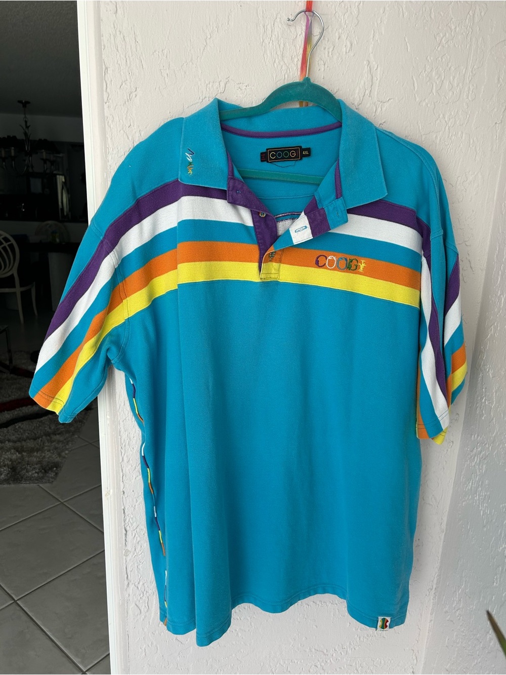 Hip Hop VintagCOOGI Turquoise Polo with Purple, White, Orange and Yellow Stripes